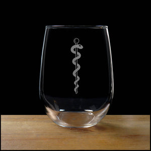 Rod of Asclepius Stemless Wine Glass - Copyright Hues in Glass