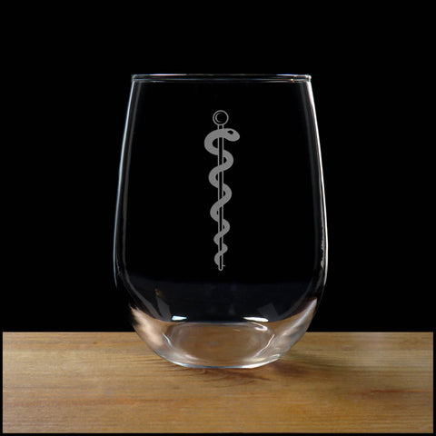 Rod of Asclepius Stemless Wine Glass - Copyright Hues in Glass