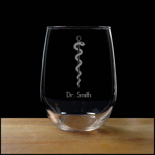 Personalized Rod of Asclepius Stemless Wine Glass - Copyright Hues in Glass