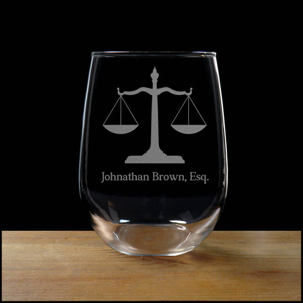Personalized Scales of Justice Stemless Wine Glass - Copyright Hues in Glass
