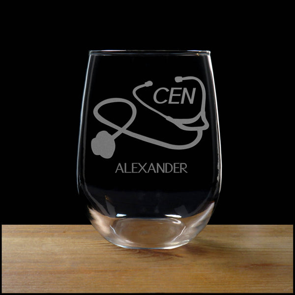Personalized Certified Emergency Nurse Stemless Wine Glass - Copyright Hues in Glass