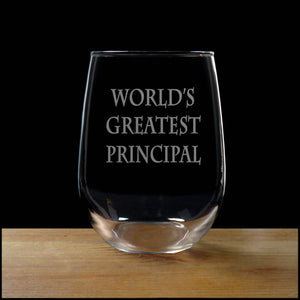 World's Greatest Principal Personalized Stemless Wine Glass - Copyright Hues in Glass