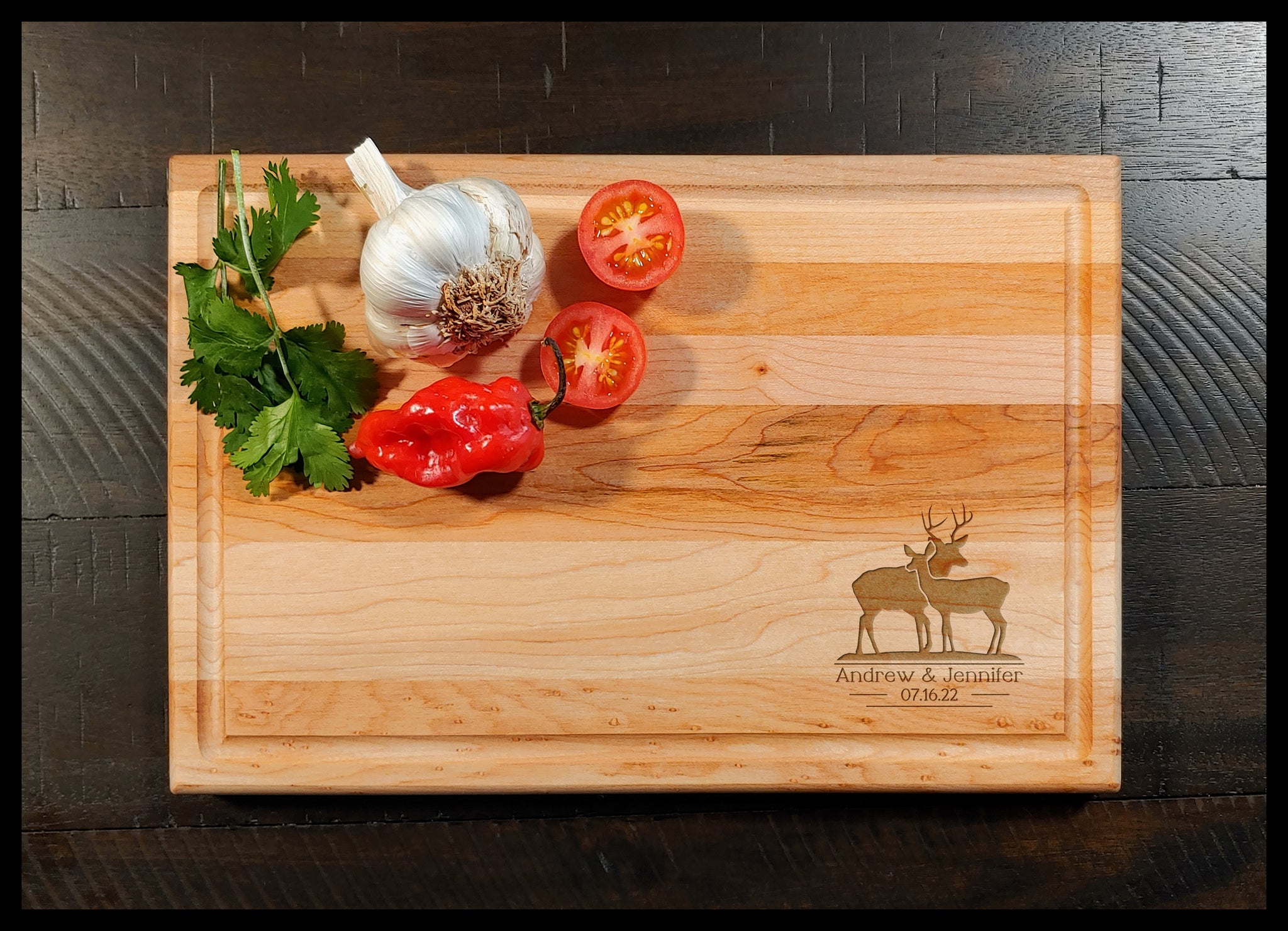 Deer Stag and Doe Rectangular Maple Cutting Board with Groove - Copyright Hues in Glass