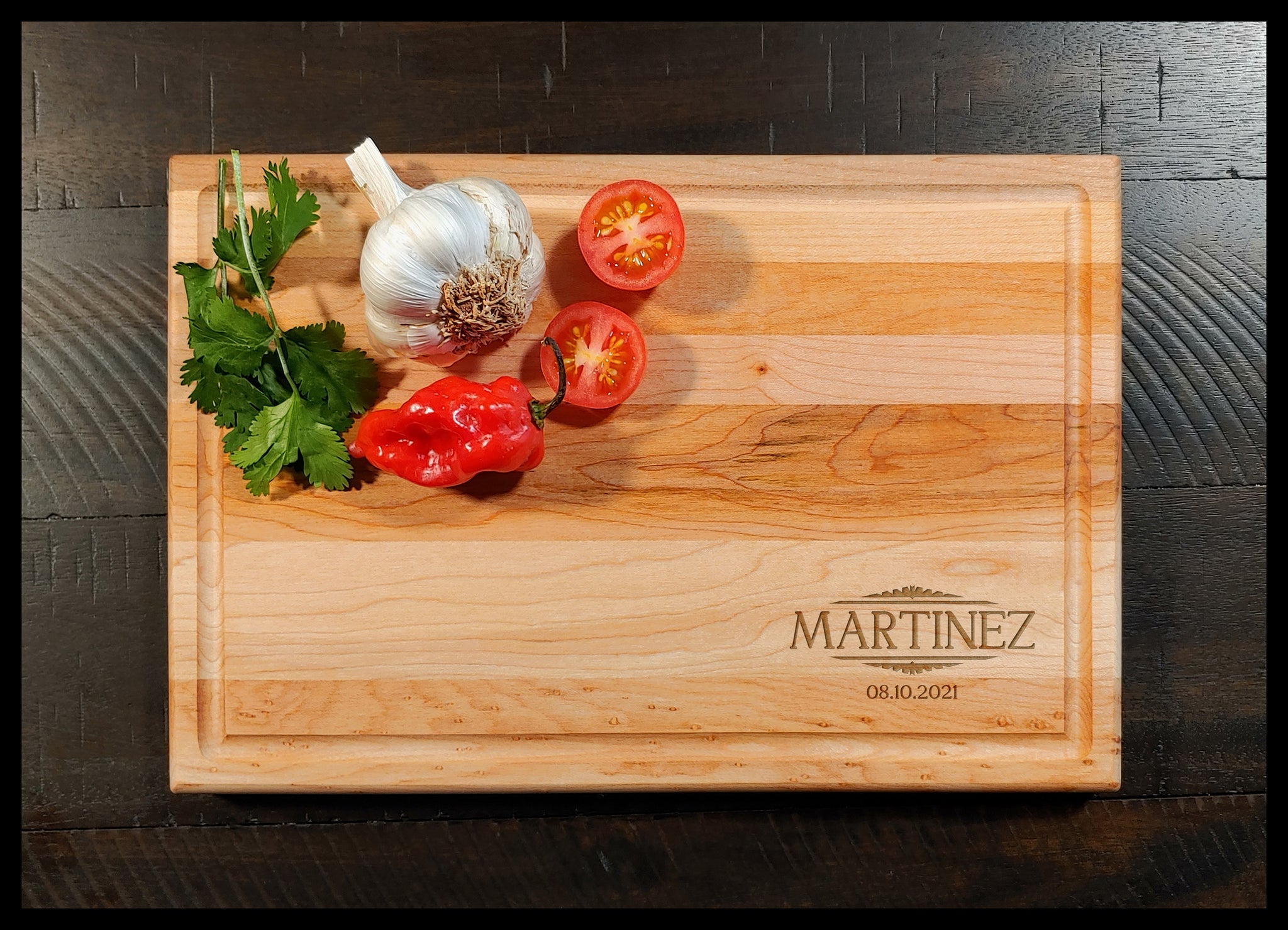 Name V2 Rectangular Maple Cutting Board with Groove - Copyright Hues in Glass