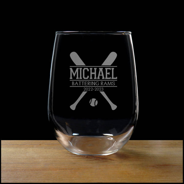 Baseball Player Personalized Stemless Wine Glass - Copyright Hues in Glass