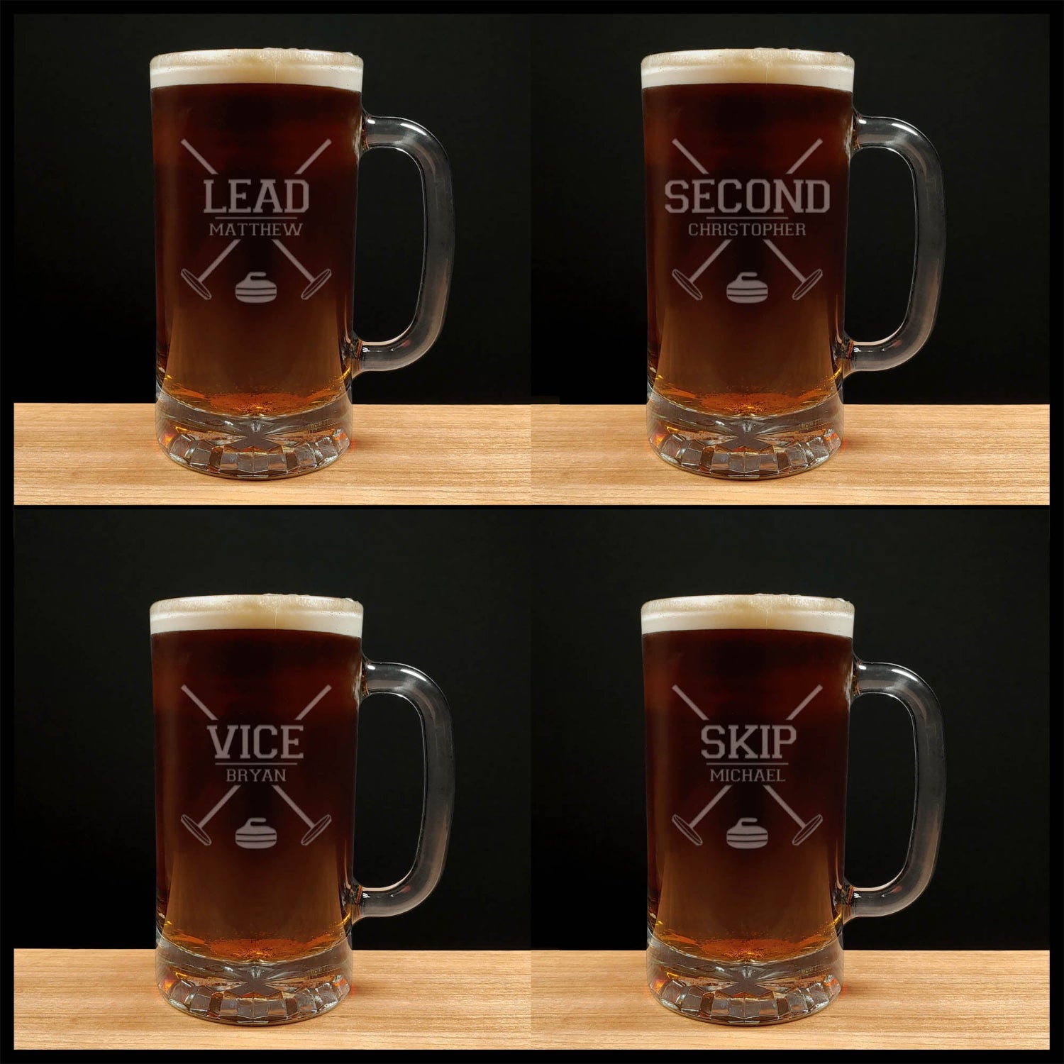 Set of four 16oz engraved beer mugs featuring curling team positions—Lead, Second, Vice, and Skip—each personalized with a name. Deeply etched with sandblasting for a permanent finish, perfect for curling team gifts or sports-themed barware. copyright Hues in Glass