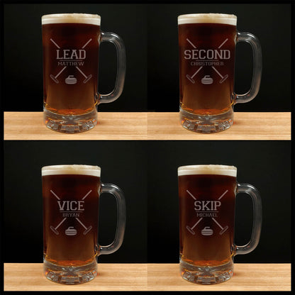 Set of four 16oz engraved beer mugs featuring curling team positions—Lead, Second, Vice, and Skip—each personalized with a name. Deeply etched with sandblasting for a permanent finish, perfect for curling team gifts or sports-themed barware. copyright Hues in Glass
