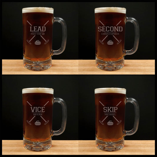 Set of four 16oz engraved beer mugs featuring curling team positions—Lead, Second, Vice, and Skip—each personalized with a name. Deeply etched with sandblasting for a permanent finish, perfect for curling team gifts or sports-themed barware. copyright Hues in Glass
