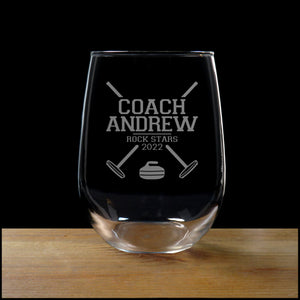 Curling Coach Stemless Wine Glass - With Team Name and Year -Copyright Hues in Glass