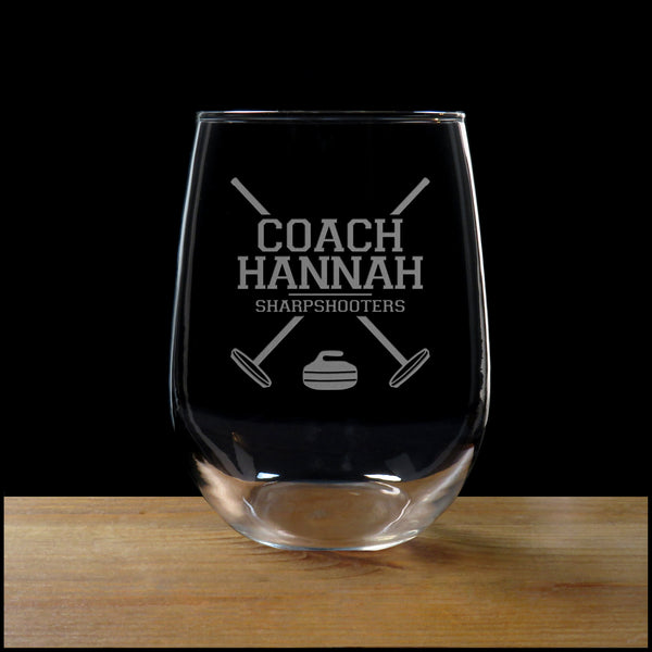 Curling Coach Stemless Wine Glass - With Team Name - Copyright Hues in Glass