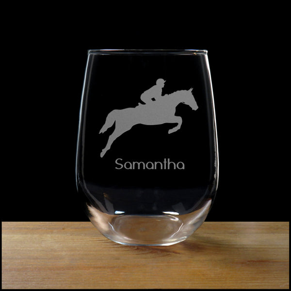Horse and Rider Personalized Stemless Wine Glass - Copyright Hues in Glass