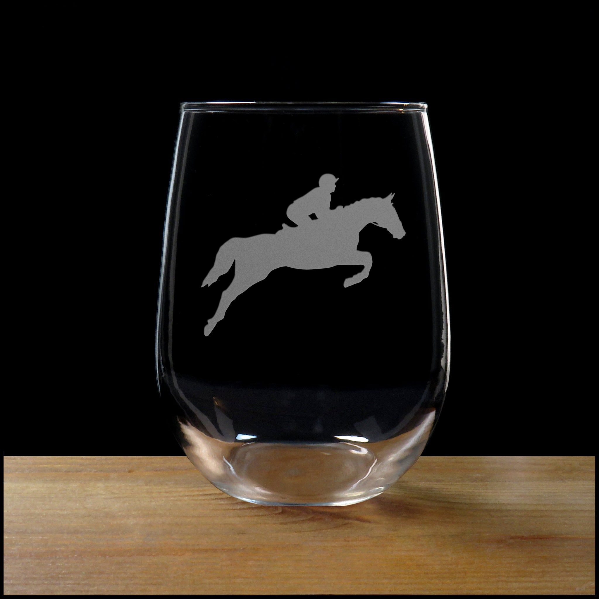 Horse and Rider Stemless Wine Glass - Copyright Hues in Glass