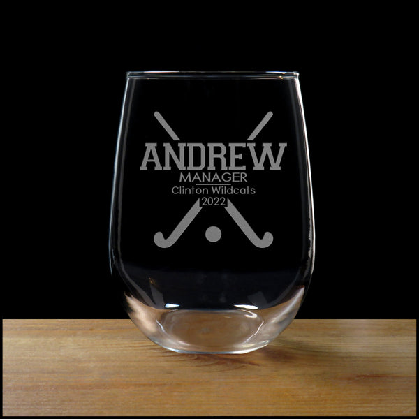 Field Hockey Manager 17 oz Engraved Stemless Wine Glass - Deeply Etched  Glass - Personalized Gift - Free Personalization