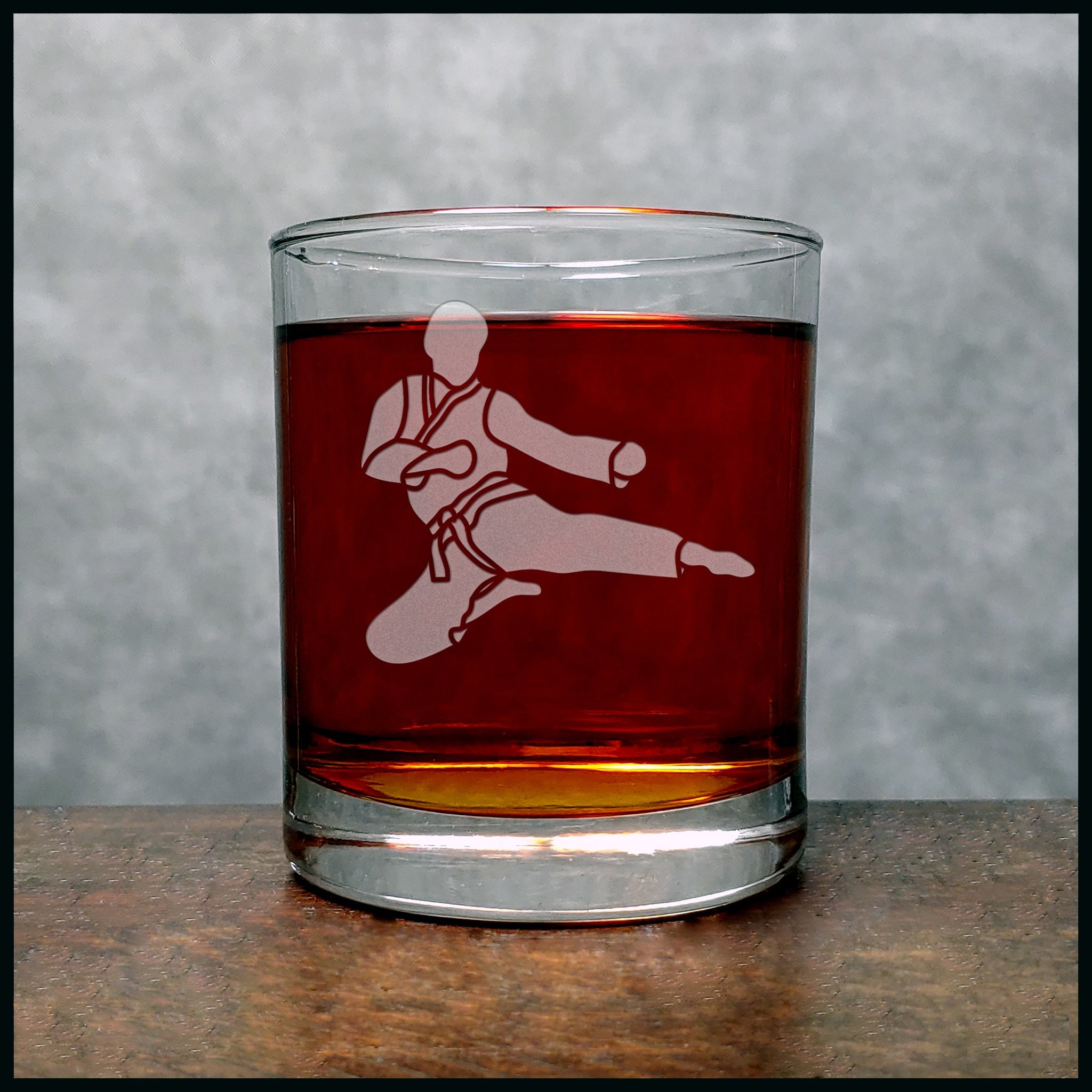 Flying Side Kick Whisky Glass - Design 2 - Copyright Hues in Glass