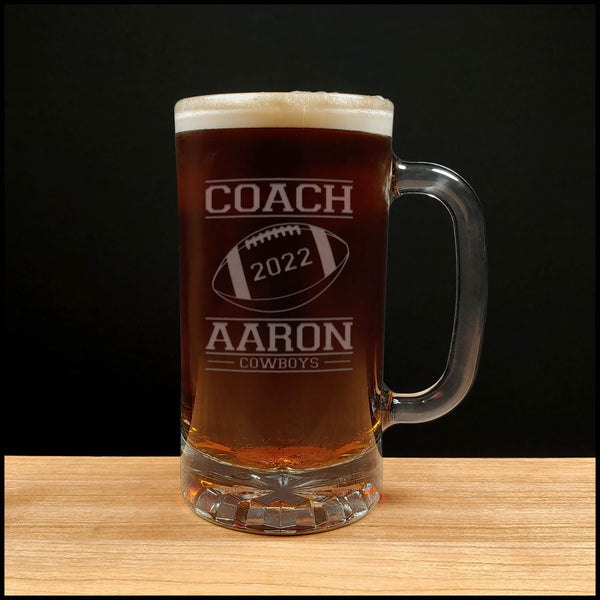 Football Coach Beer Mug With Team Name and Year - Copyright Hues in Glass