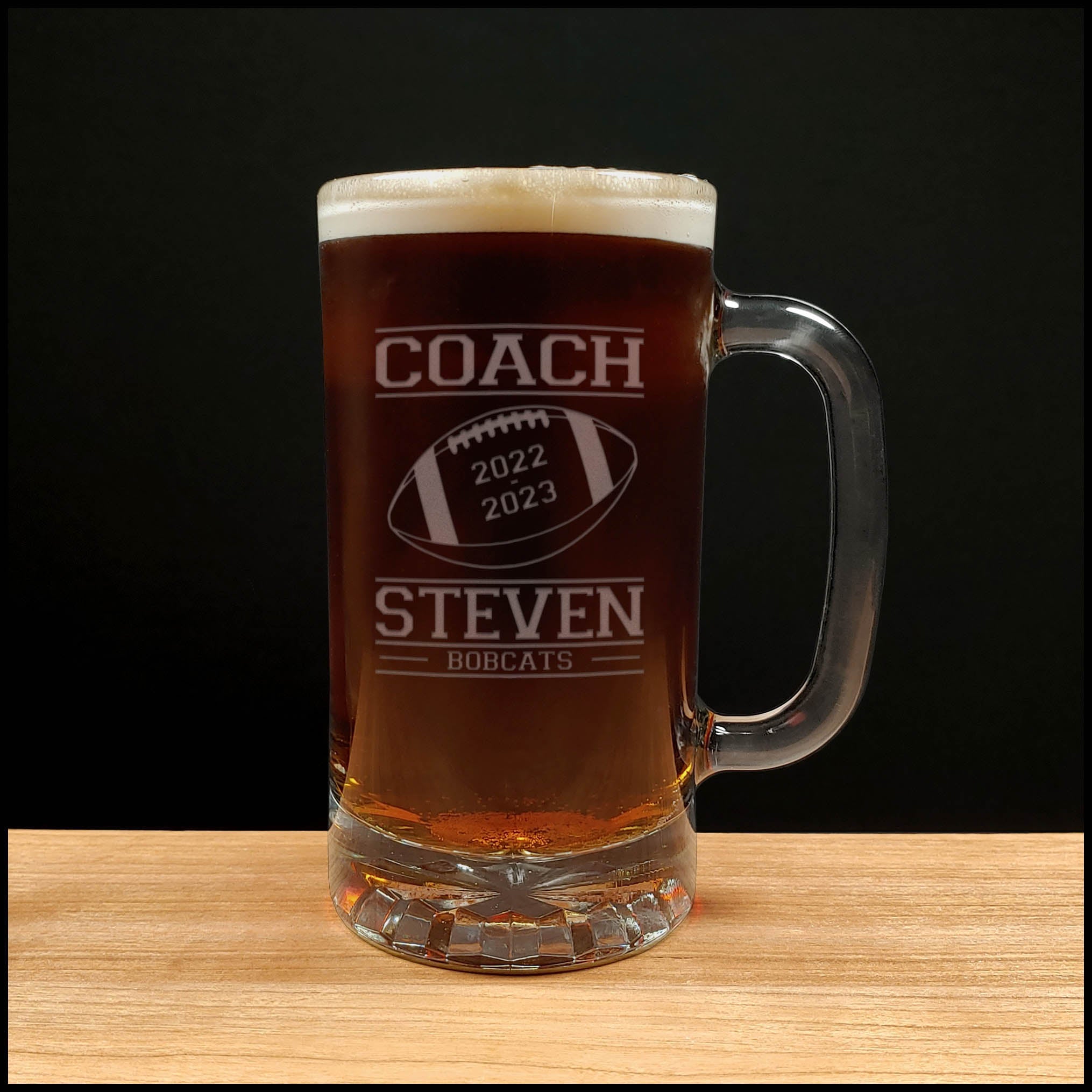 Football Coach Beer Mug With Team Name and Years - Copyright Hues in Glass