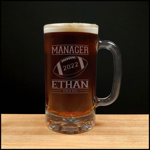 Football Manager Beer Mug With Team Name with Year - Copyright Hues in Glass