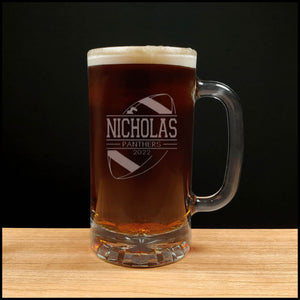 Football Player Beer Mug with Team Name and Year - Copyright Hues in Glass
