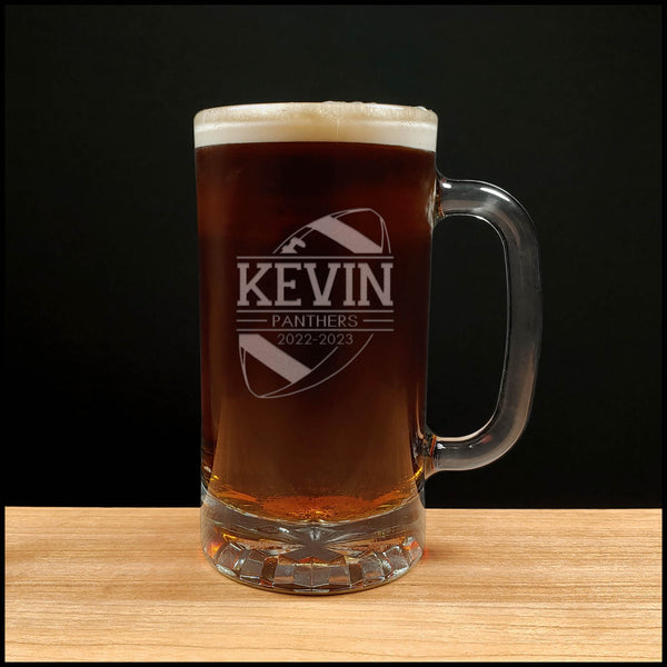 Football Player Beer Mug with Team Name and Years - Copyright Hues in Glass