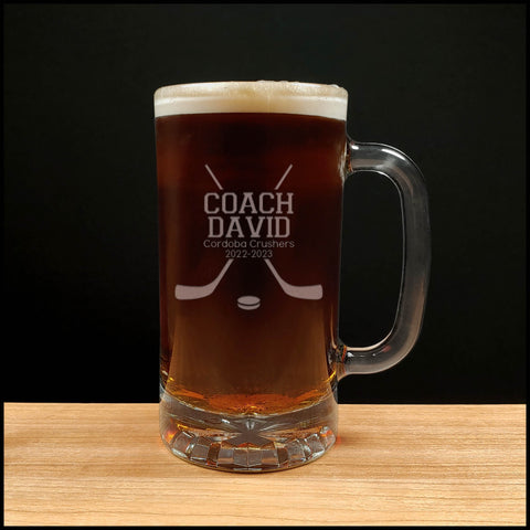 Hockey Coach Beer Mug With Team Name and Years - Copyright Hues in Glass