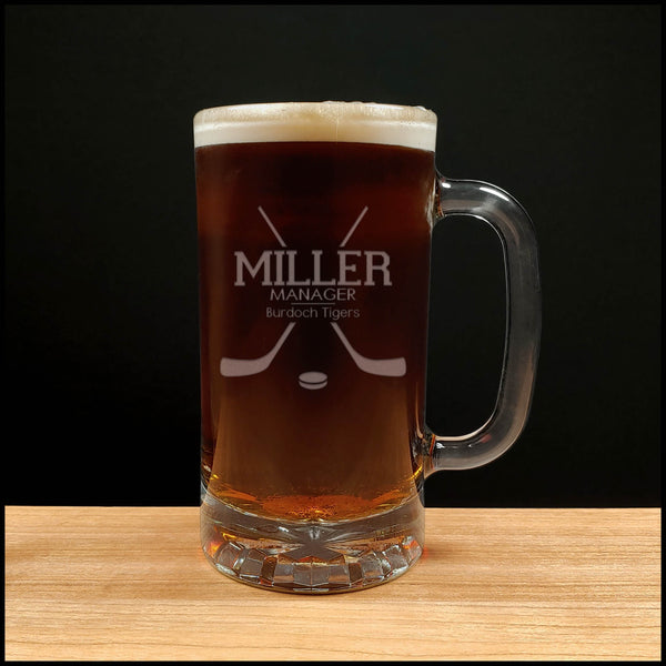 Hockey Manager Beer Mug With Team Name  - Copyright Hues in Glass