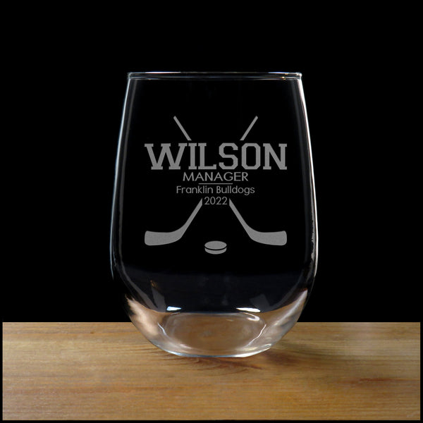 Hockey Manager Stemless Wine Glass - Copyright Hues in Glass
