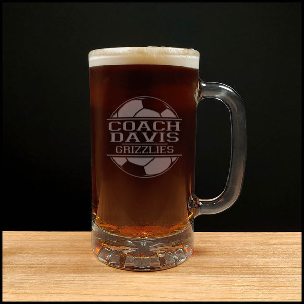 Soccer Coach Beer Mug With Team Name - Copyright Hues in Glass