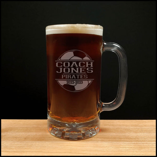 Soccer Coach Beer Mug With Team Name and Years- Copyright Hues in Glass