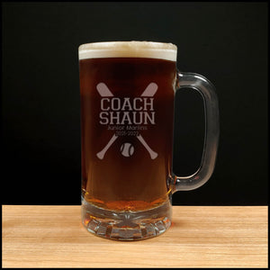 Softball Coach Beer Mug With Team Name and Years - Copyright Hues in Glass