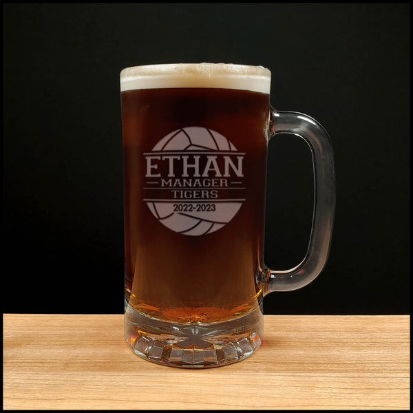 Volleyball Manager Beer Mug With Team Name and Years - Copyright Hues in Glass