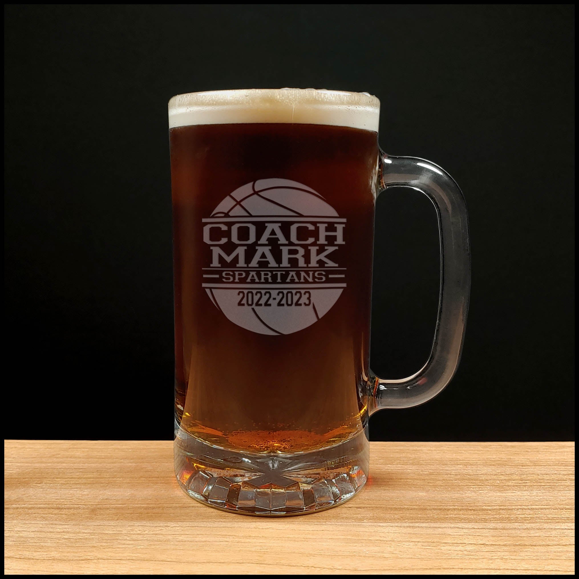 Basketball Coach Beer Mug With Team Name and Years - Copyright Hues in Glass