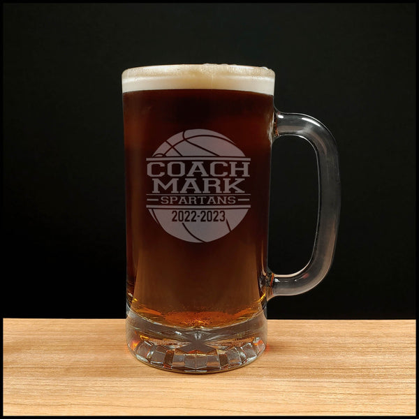 Basketball Coach Beer Mug With Team Name and Years - Copyright Hues in Glass