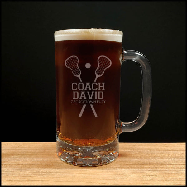 Lacrosse Coach Beer Mug with Team Name - Copyright Hues in Glass
