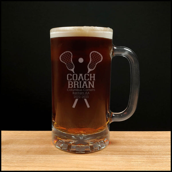 Lacrosse Coach Beer Mug with Team Name and Years - Copyright Hues in Glass