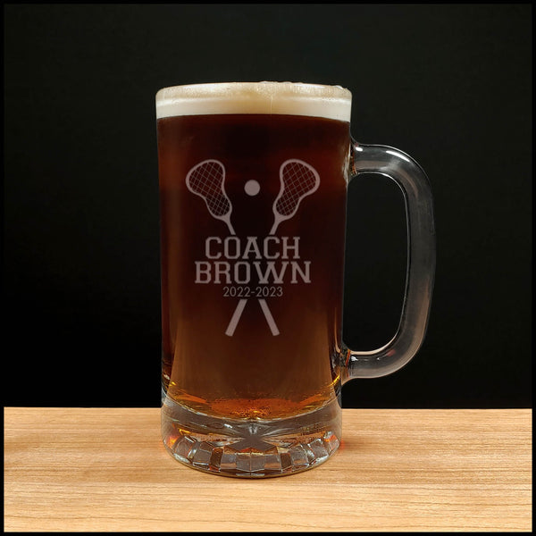 Lacrosse Coach Beer Mug with Years - Copyright Hues in Glass
