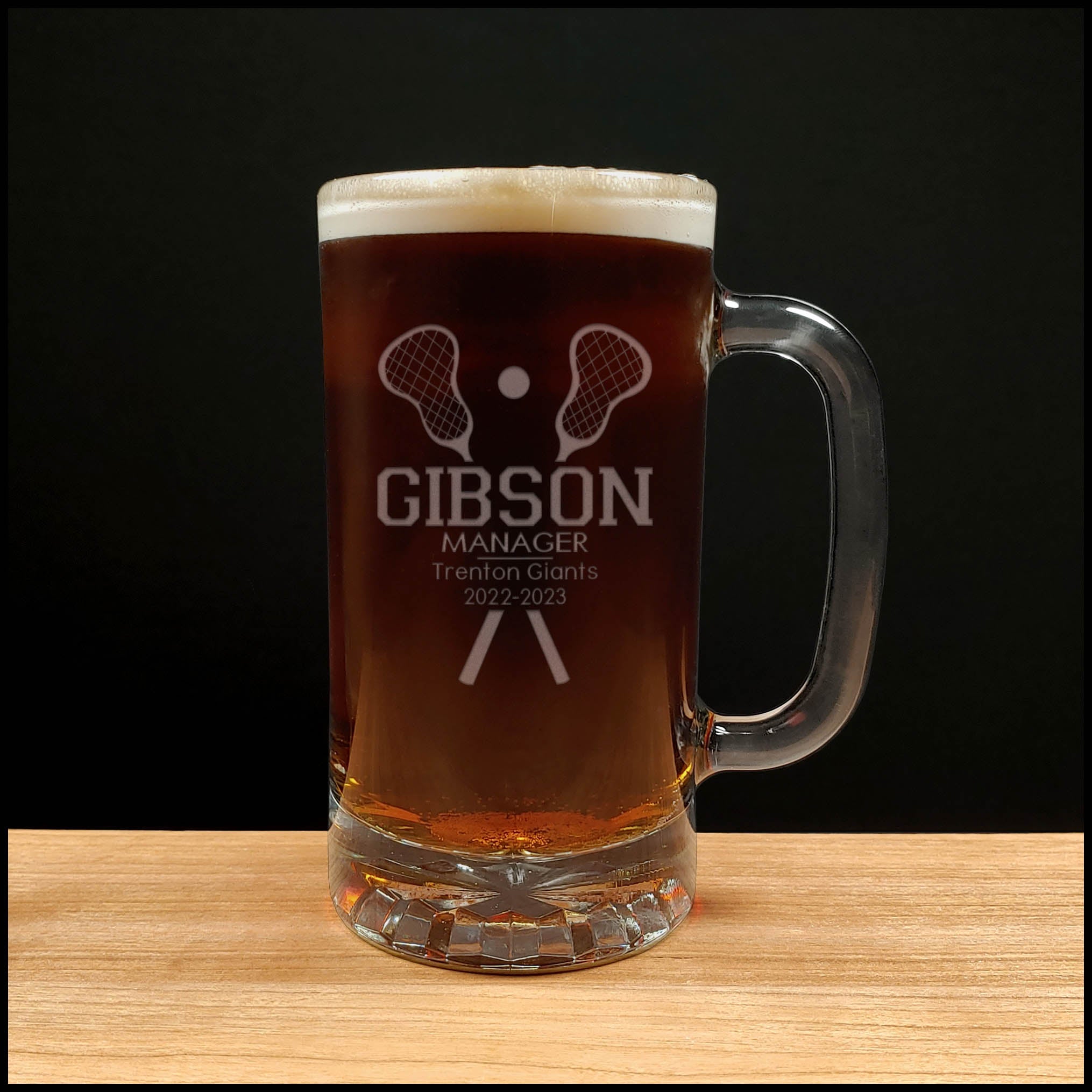 Lacrosse Manager Beer Mug with Team Name and Years- Copyright Hues in Glass