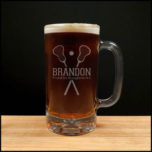 Lacrosse Player Beer Mug with Team Name - Copyright Hues in Glass