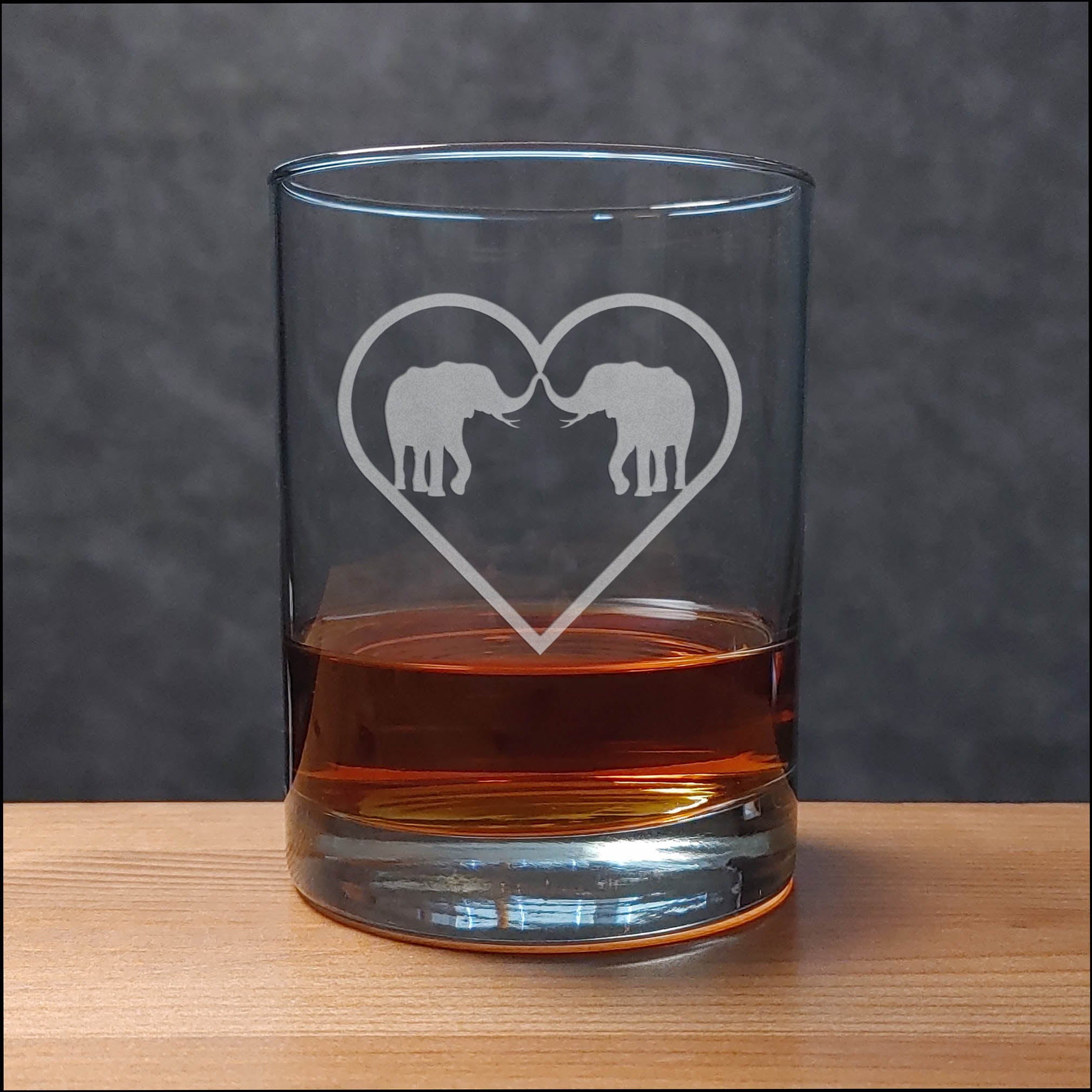 Elephants in a Heart 13 oz Whisky Glass - Copyright Hues in Glass
